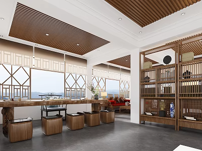 Elegant Chinese Teahouse Interior With Wooden Ceiling Bookshelves Long Table And Mountain View 3d model