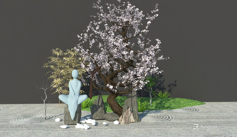 Serene Garden Ornament With Seated White Statue Blooming Tree Bamboo Stones And Green Grass 3d model 
