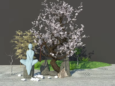 Serene Garden Ornament With Seated White Statue Blooming Tree Bamboo Stones And Green Grass 3d model