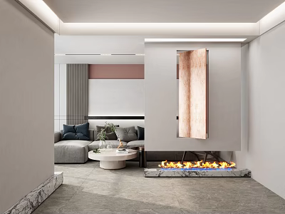 Modern Entryway Hallway Design With Fireplace Connecting Living Area Marble Floor Lighting 3d model