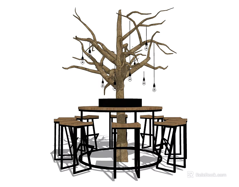 Wooden Round Bar Counter With Tree Trunk Decor Hanging Bulbs And Stools 3d model 