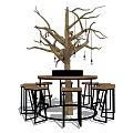 Wooden Round Bar Counter With Tree Trunk Decor Hanging Bulbs And Stools