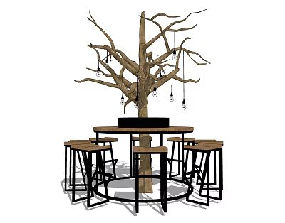 Wooden Round Bar Counter With Tree Trunk Decor Hanging Bulbs And Stools 3d model