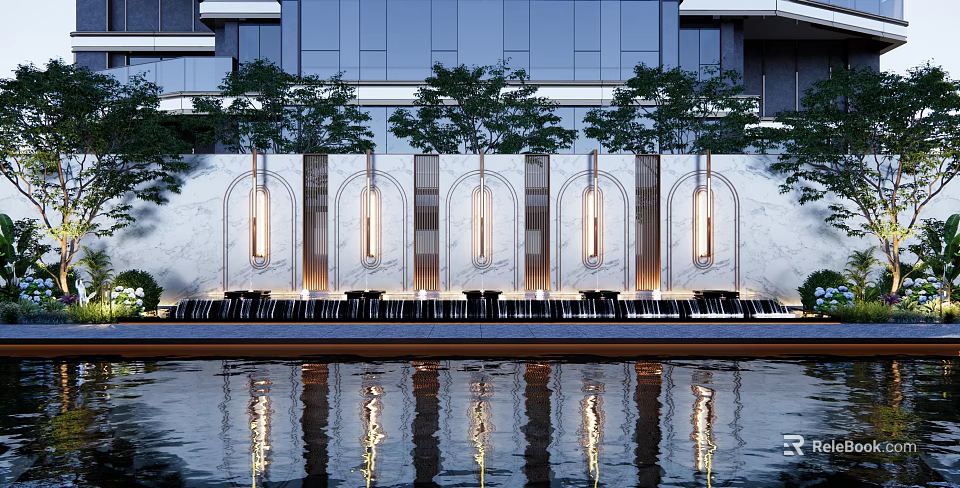 Marble Feature Wall With Arched Lighting Green Plants Water Reflection And Seating Area 3d model 