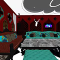 Elegant KTV Lounge Interior With Red Decor Turquoise Sofa TV Screens And Chandelier