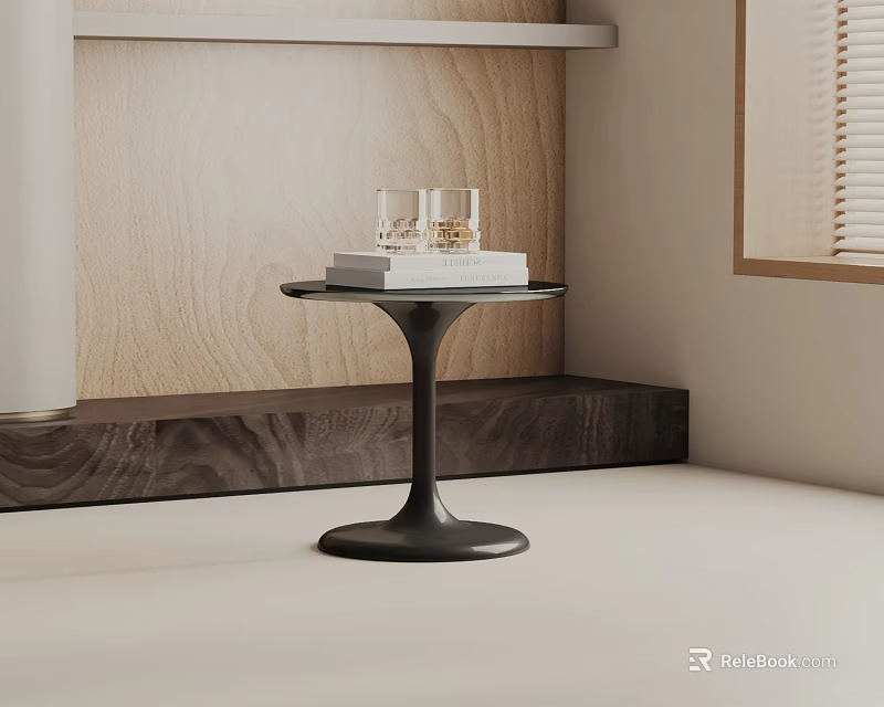 Modern Black Side Table With Tulip Base Books And Glasses On Top Wooden Wall Background 3d model 