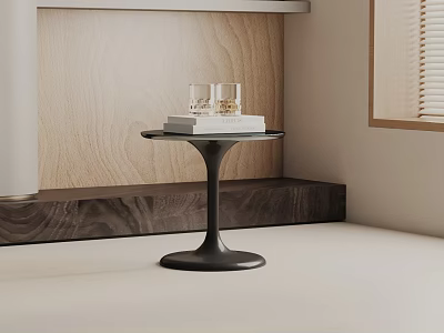 Modern Black Side Table With Tulip Base Books And Glasses On Top Wooden Wall Background 3d model