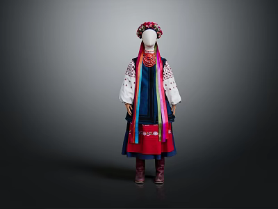 Traditional Ethnic Clothing With Embroidered Blouse Colorful Sash And Decorative Headpiece 3d model