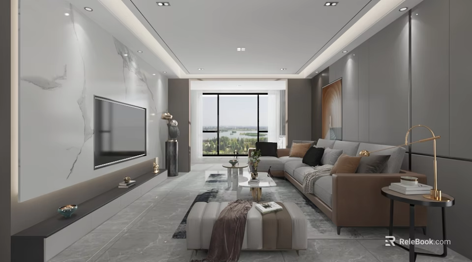 Modern Minimalist Luxury Living Room Interior Design With Marble TV Wall And Comfortable Sectional Sofa 3d model 
