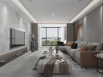Modern Minimalist Luxury Living Room Interior Design With Marble TV Wall And Comfortable Sectional Sofa 3d model