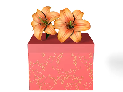 Beautiful Orange Lilies Placed On Pink Decorative Box With Gold Patterns 3d model