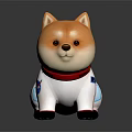Shiba Inu Toy Wearing White Outfit With Red Collar And Blue Patch On Black Background