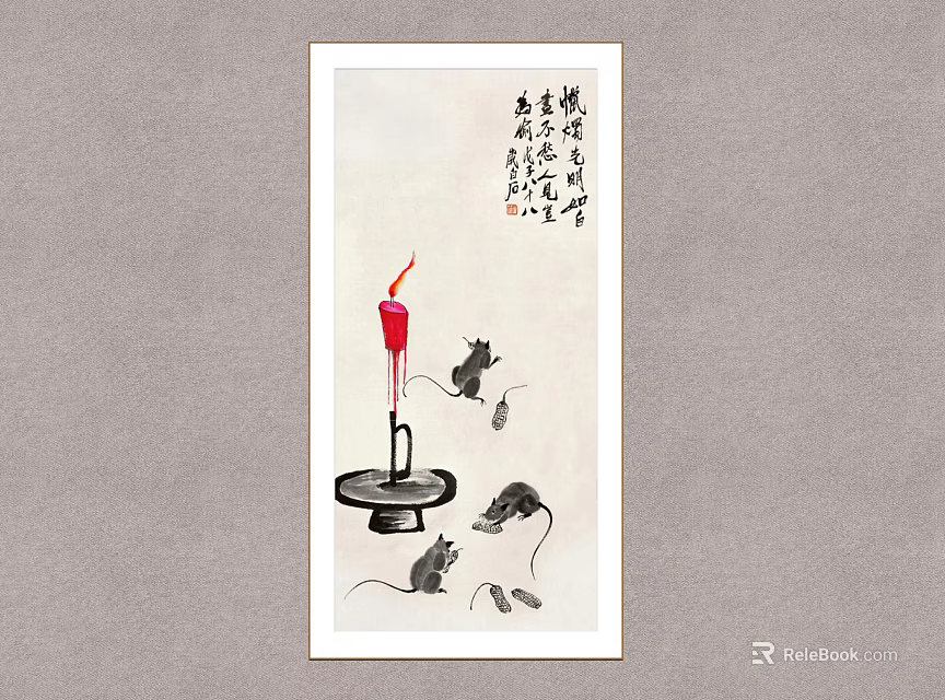 Traditional Chinese Painting With Burning Candle Mice And Calligraphy Characters 3d model 