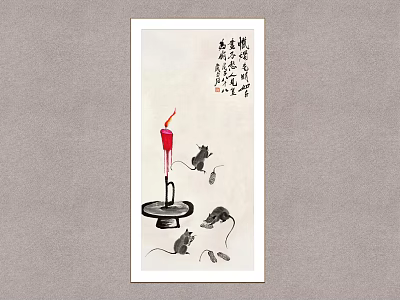 Traditional Chinese Painting With Burning Candle Mice And Calligraphy Characters 3d model