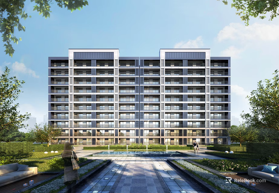 Modern Residential Building Exterior With Balconies Contemporary Design Lush Greenery And Courtyard 3d model 