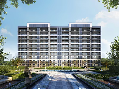 Modern Residential Building Exterior With Balconies Contemporary Design Lush Greenery And Courtyard 3d model
