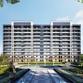 Modern Residential Building Exterior With Balconies Contemporary Design Lush Greenery And Courtyard