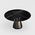 Round Black Marble Dining Table With Modern Metal Cone Shaped Base And Spliced Texture Top