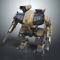 Armored Mech Robot With Yellow Gray Armor And Mechanical Combat Weapons