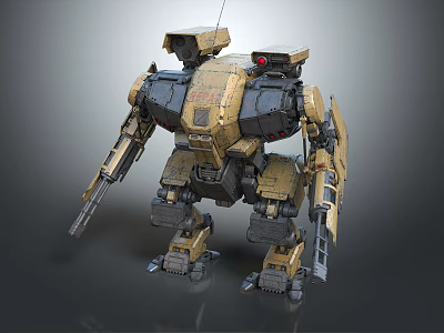 Armored Mech Robot With Yellow Gray Armor And Mechanical Combat Weapons 3d model