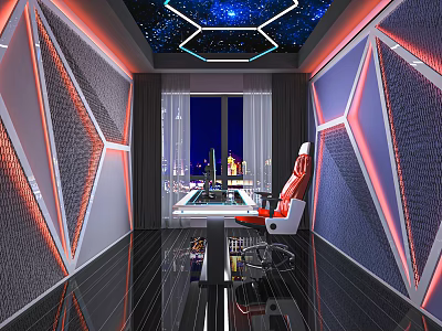 Modern Entertainment Room With Geometric Walls Starry Sky Ceiling Red Gaming Chair Glass Top Table 3d model
