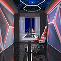 Modern Entertainment Room With Geometric Walls Starry Sky Ceiling Red Gaming Chair Glass Top Table