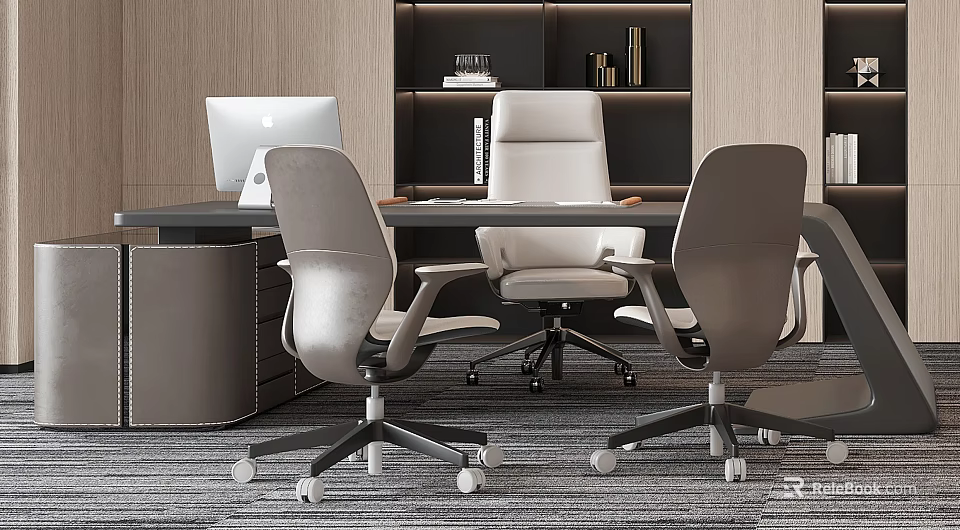 Modern Office Desk Interior With Computer Monitor Ergonomic Chairs And Bookshelf 3d model 
