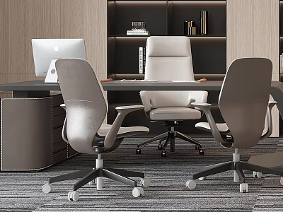 Modern Office Desk Interior With Computer Monitor Ergonomic Chairs And Bookshelf 3d model