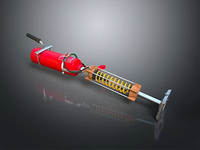 Red Weapon with Black Handle Yellow Spring and Metal Structure on Reflective Surface 3d model