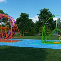 Outdoor Playground Equipment With Colorful Roller Orange Frame Green Structure Yellow Steps On Blue Ground