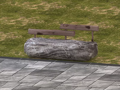 Outdoor Public Bench with Stone Base and Wooden Backrest in Grassy Area 3d model