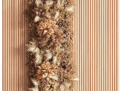 Decorative Greenery Wall Design With Dried Flowers And Wooden Striped Panel Background 3d model