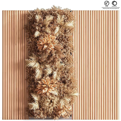 Decorative Greenery Wall Design With Dried Flowers And Wooden Striped Panel Background 3d model