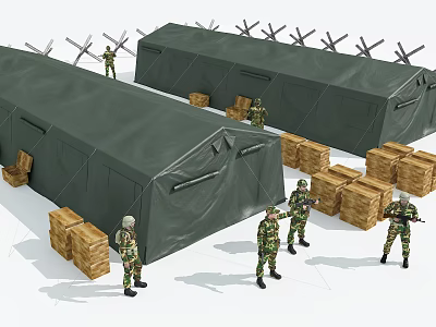 Green Military Tents With Soldiers And Wooden Crates In Camp Setup 3d model