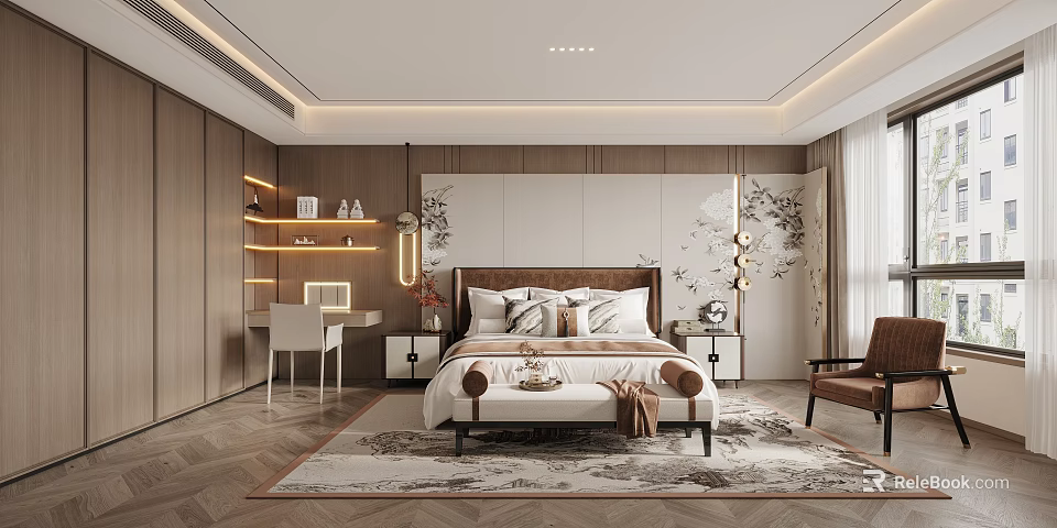 Modern Elegant Bedroom Interior Design With Wooden Bedhead Wall And Soft Lighting 3d model 