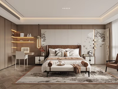 Modern Elegant Bedroom Interior Design With Wooden Bedhead Wall And Soft Lighting 3d model