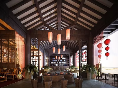 Traditional Chinese Teahouse Interior Design With Wooden Roof Beams Red Lanterns And Classic Decor 3d model