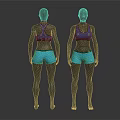 Female Model Wearing Blue Sports Bra And Light Blue Shorts Front Back Views