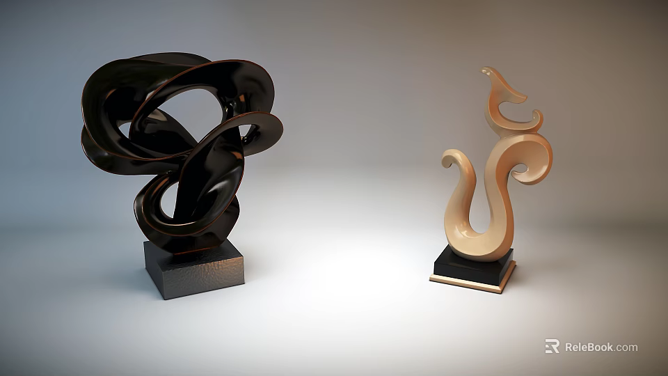 Abstract Modern Sculptures With Curved Design And Black Gold Bases 3d model 