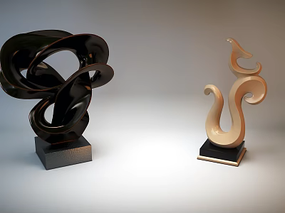 Abstract Modern Sculptures With Curved Design And Black Gold Bases 3d model