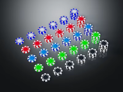 Colorful Poker Chips in Red Blue Green and Black on Dark Background 3d model