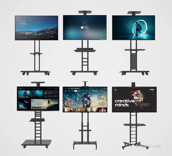 TV Screens Mounted on Mobile Stands with Wheels Showing Various Scenes and Content 3d model 