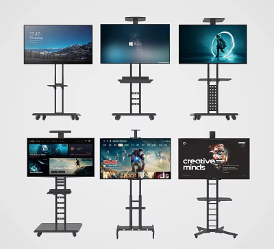 TV Screens Mounted on Mobile Stands with Wheels Showing Various Scenes and Content 3d model