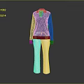 Model wearing dark blue long sleeve top and white striped pants on gray background