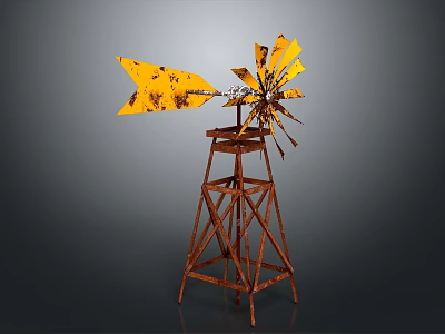 Rusty Metal Windmill With Tower Structure And Yellow Arrow Blades 3d model