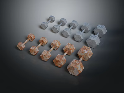 Various Sizes And Colors Fitness Dumbbells With Gray And Rusty Brown On Dark Background 3d model