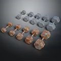 Various Sizes And Colors Fitness Dumbbells With Gray And Rusty Brown On Dark Background