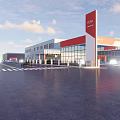 Modern Industrial Factory Building With Glass Facade Red White Exterior And Parking Area