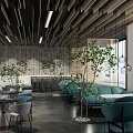 Modern Café Interior Design With Teal Sofa Green Plants And Pendant Lights