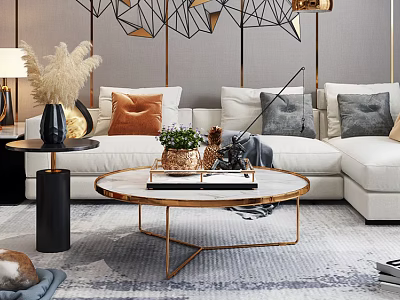 Modern Luxury Sofa Coffee Table Set With White Upholstery Gold Frame And Decorative Pillows 3d model